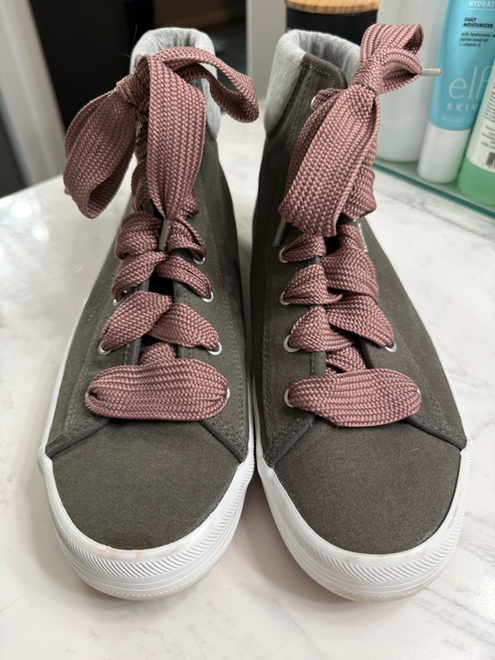 Keds Canvas High-Top Sneakers in Olive with Dusty Rose Laces